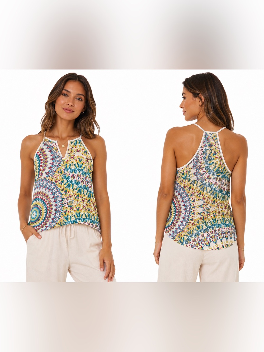 Allen B. Multicolor Boho Halter Tank Top Abstract Print Sleeveless